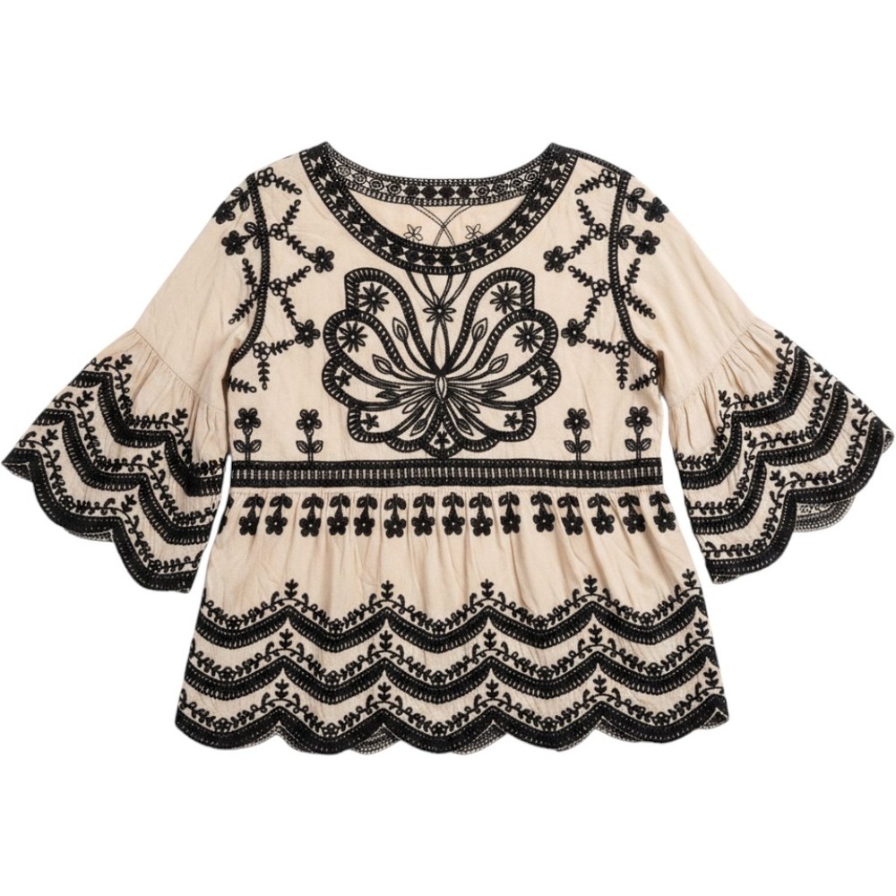 Ana & Rose Blouse XL Beige Black Embroidered Butterfly Bell Sleeve Boho